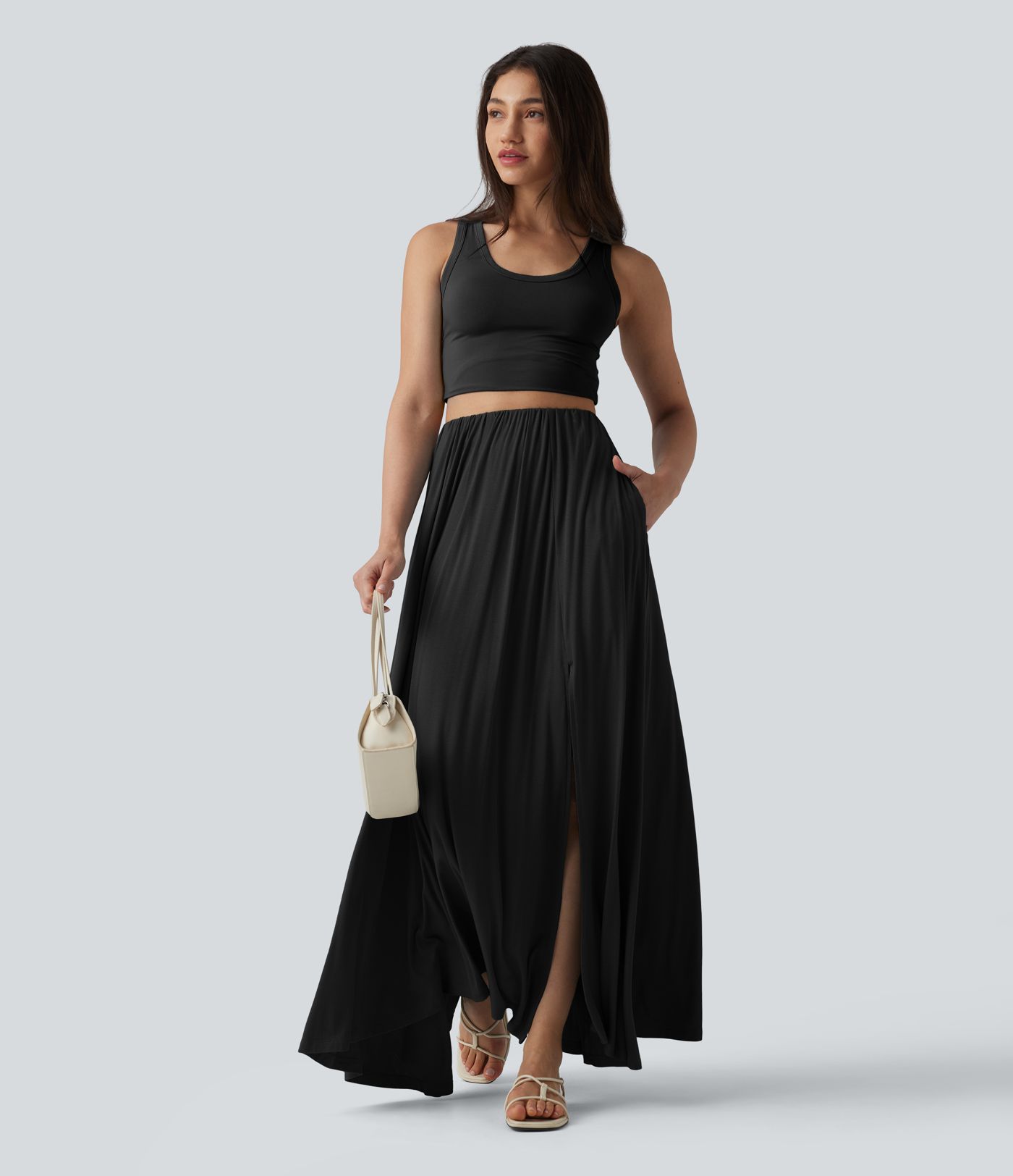 High Waisted Flowy Maxi Casual Skirt with Pockets