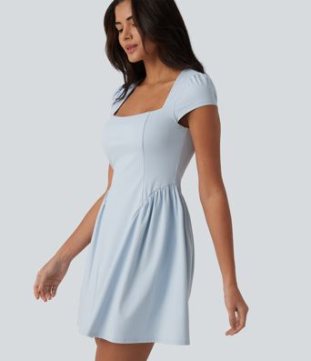 Square Neck Short Sleeve Built-in Bra Mini Casual Dress