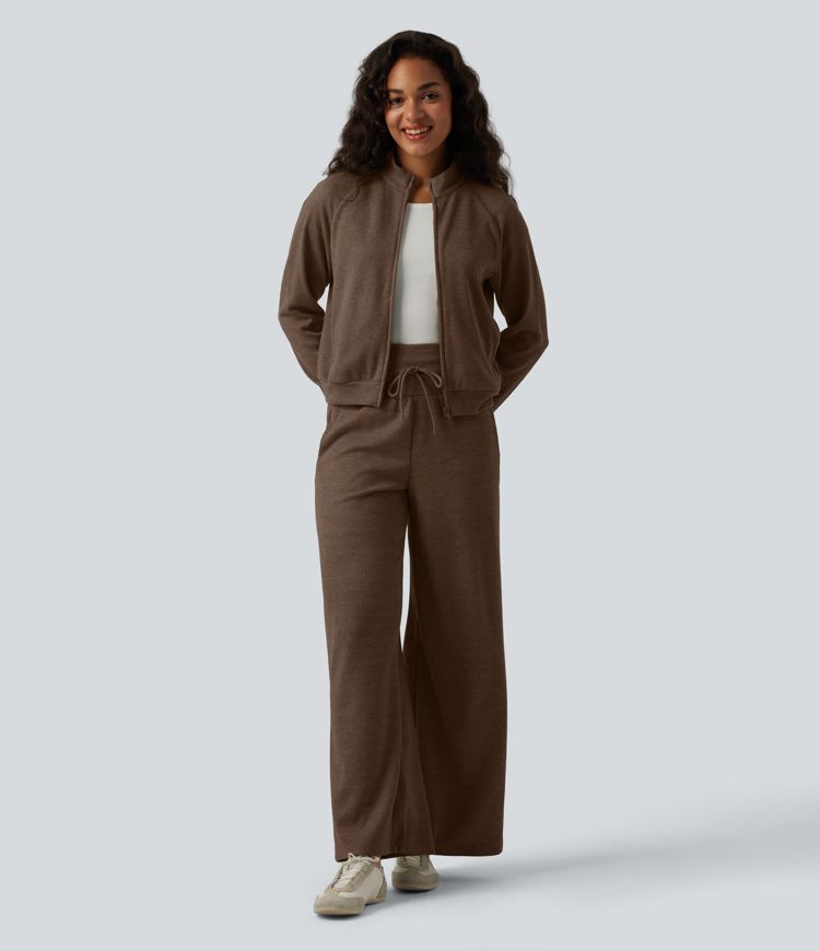 Veste casual côtelée à col montant, manches longues et fermeture zippée avec poches Veste casual côtelée à col montant, manches longues et fermeture zippée avec poches