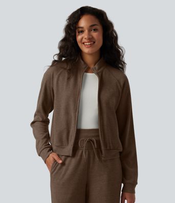 Veste casual côtelée à col montant, manches longues et fermeture zippée avec poches Veste casual côtelée à col montant, manches longues et fermeture zippée avec poches