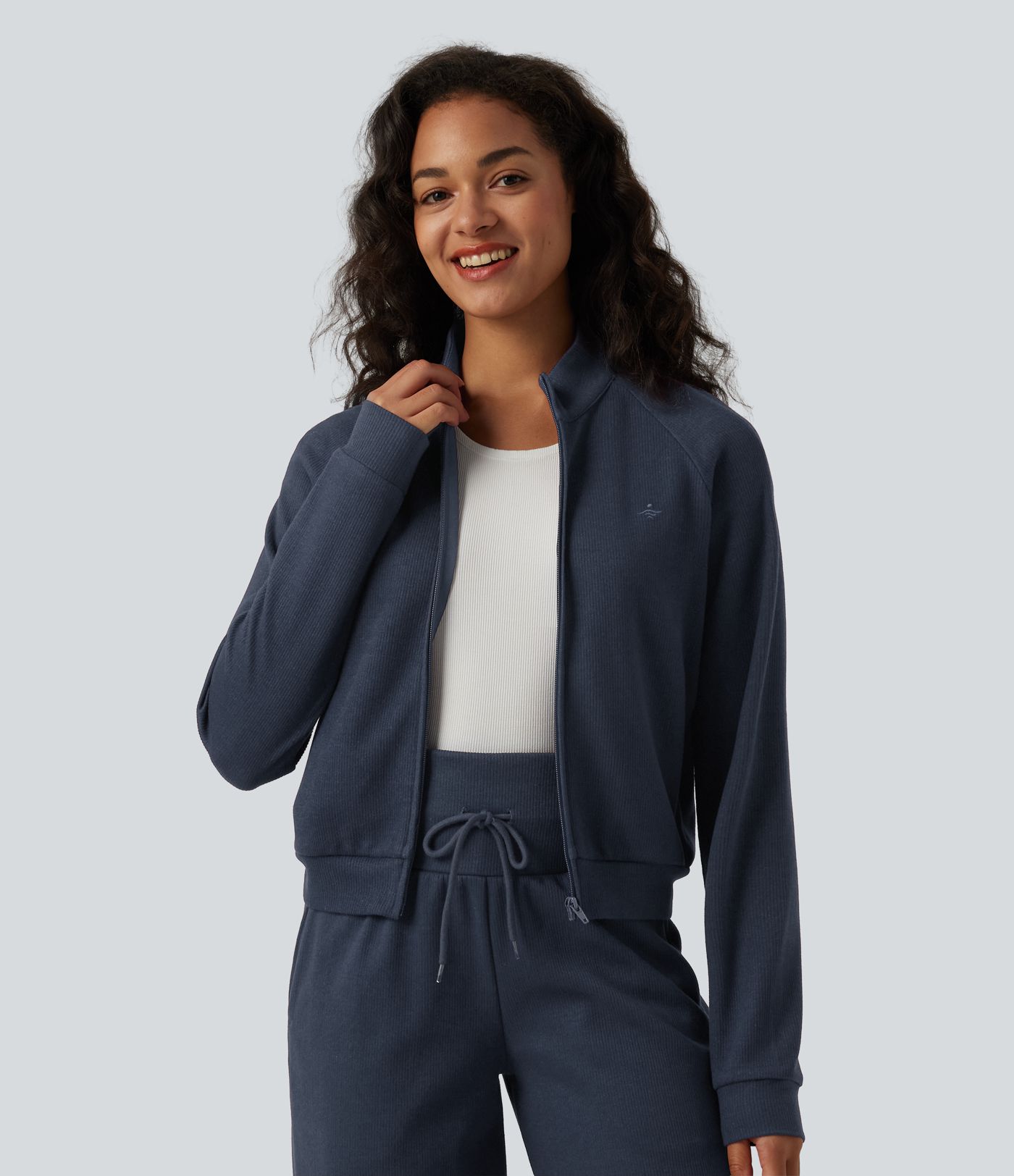 Ribbed Stand Collar Long Sleeve Zipper Casual Jacket with Pockets