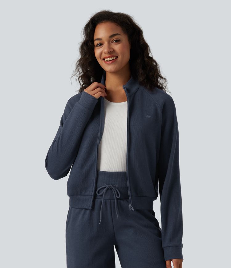 Ribbed Stand Collar Long Sleeve Zipper Casual Jacket with Pockets