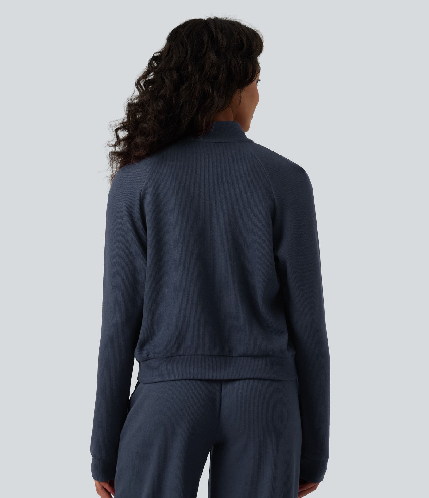 Ribbed Stand Collar Long Sleeve Zipper Casual Jacket with Pockets