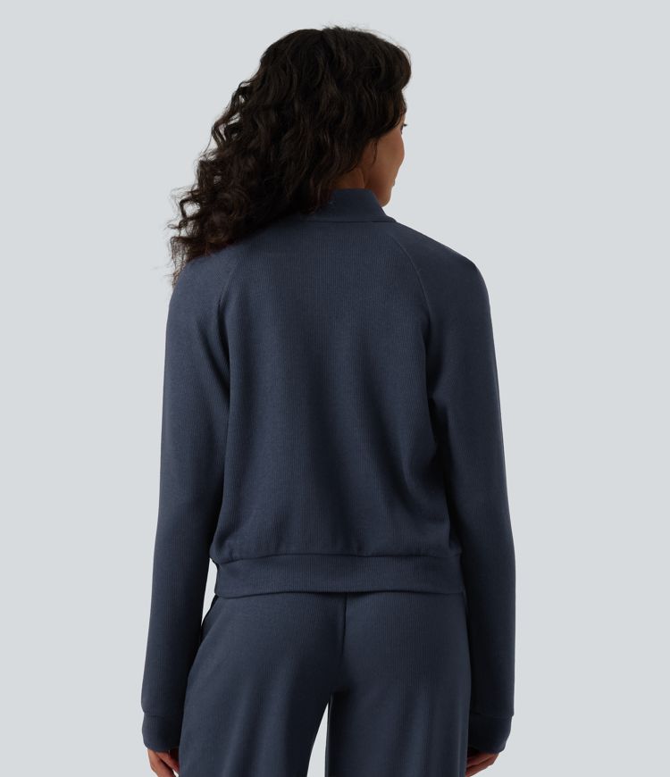 Ribbed Stand Collar Long Sleeve Zipper Casual Jacket with Pockets