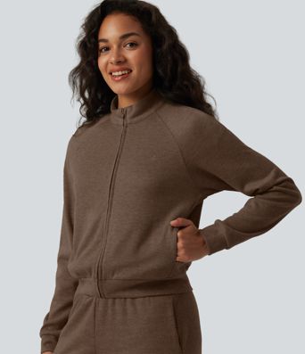 Veste casual côtelée à col montant, manches longues et fermeture zippée avec poches Veste casual côtelée à col montant, manches longues et fermeture zippée avec poches