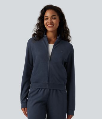 Ribbed Stand Collar Long Sleeve Zipper Casual Jacket with Pockets