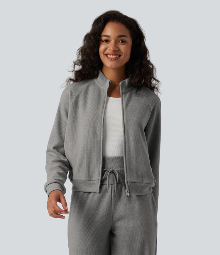 Ribbed Stand Collar Long Sleeve Zipper Casual Jacket with Pockets