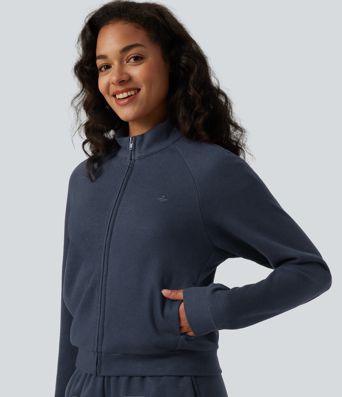 Ribbed Stand Collar Long Sleeve Zipper Casual Jacket with Pockets