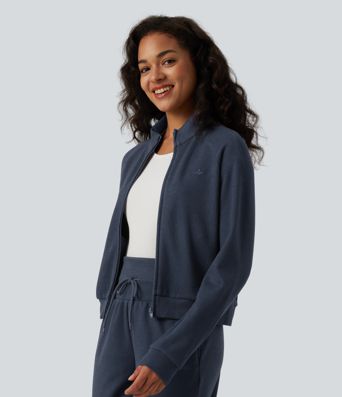 Ribbed Stand Collar Long Sleeve Zipper Casual Jacket with Pockets