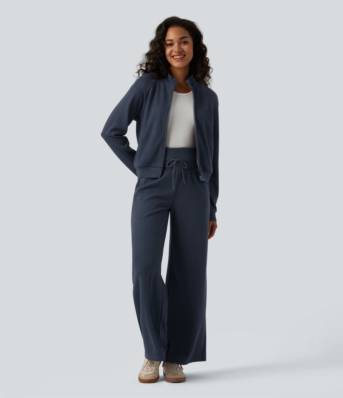 Ribbed Stand Collar Long Sleeve Zipper Casual Jacket with Pockets