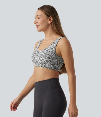 OneForm Seamless Flow be siūlių jogos sportinė liemenėlė su mažu palaikymu, U formos iškirpte, gyvatės odos raštu ir sujungta liemenėle