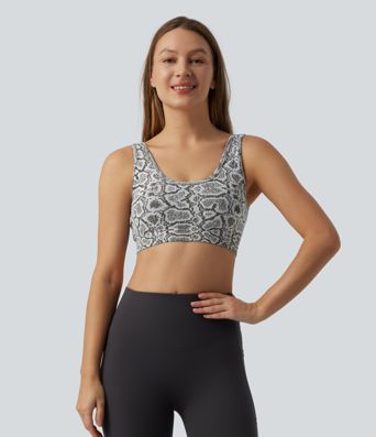 OneForm Seamless Flow be siūlių jogos sportinė liemenėlė su mažu palaikymu, U formos iškirpte, gyvatės odos raštu ir sujungta liemenėle