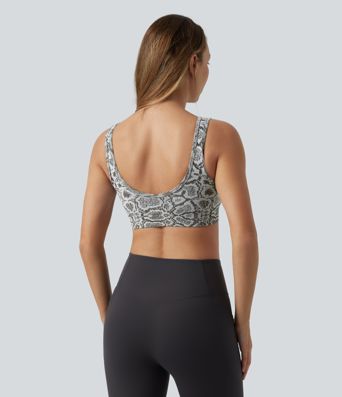 OneForm Seamless Flow be siūlių jogos sportinė liemenėlė su mažu palaikymu, U formos iškirpte, gyvatės odos raštu ir sujungta liemenėle