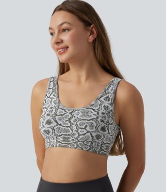 OneForm Seamless Flow be siūlių jogos sportinė liemenėlė su mažu palaikymu, U formos iškirpte, gyvatės odos raštu ir sujungta liemenėle