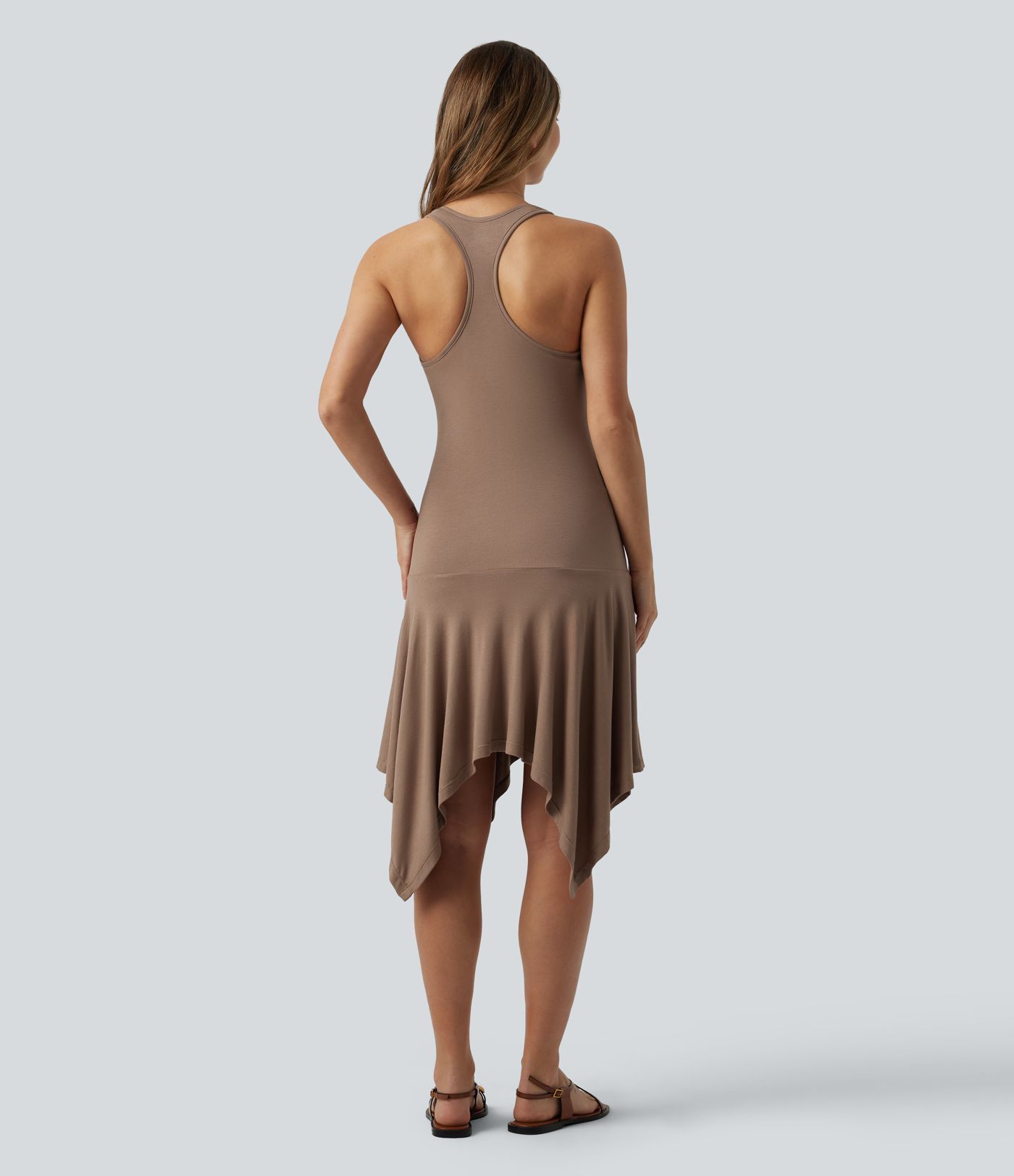 V Neck Ruched Racerback Asymmetric Hem Midi Casual Dress