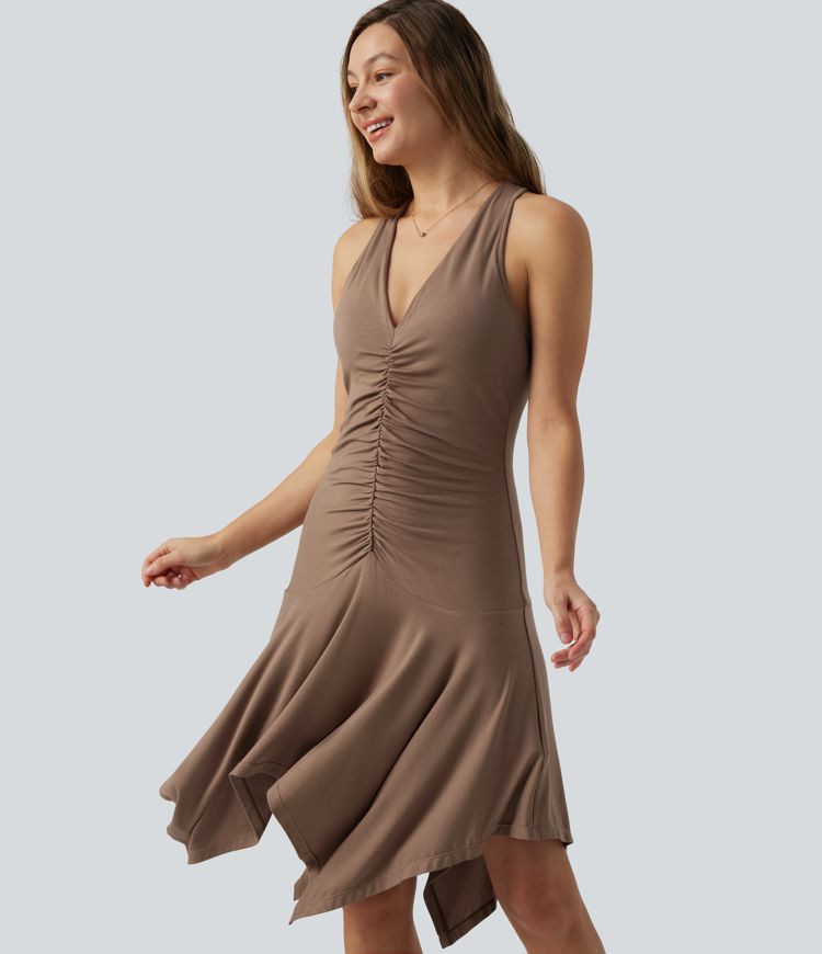 V Neck Ruched Racerback Asymmetric Hem Midi Casual Dress