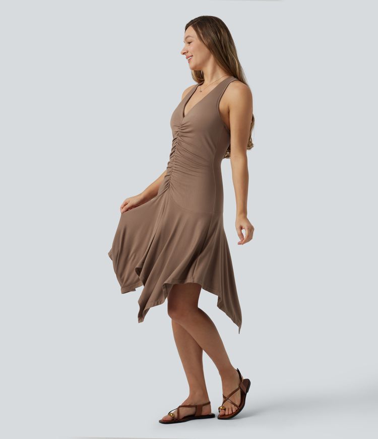 V Neck Ruched Racerback Asymmetric Hem Midi Casual Dress