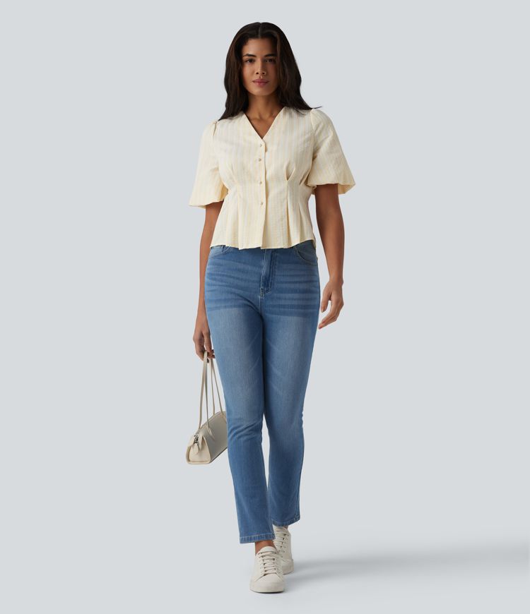 Blusa casual de rayas con escote en V y mangas abullonadas de media longitud