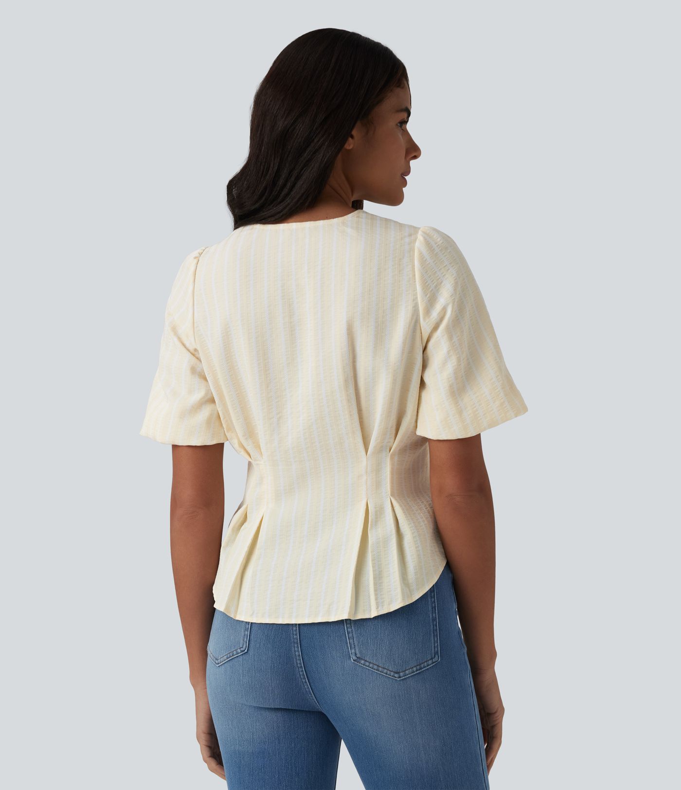 Blusa casual de rayas con escote en V y mangas abullonadas de media longitud