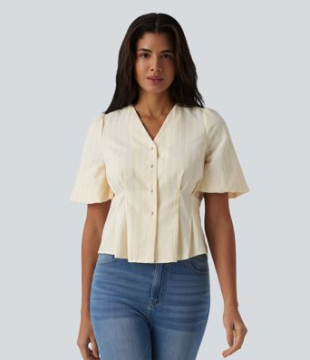 Blusa casual de rayas con escote en V y mangas abullonadas de media longitud