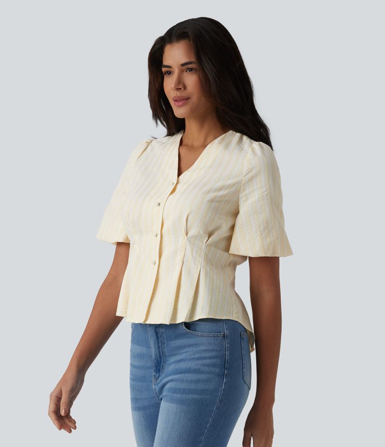 Blusa casual de rayas con escote en V y mangas abullonadas de media longitud
