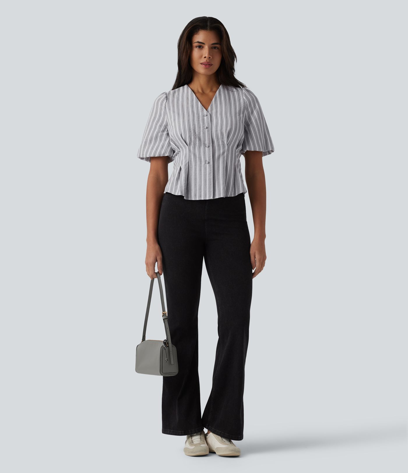  V Neck Puff Half Sleeve Stripe Casual Blouse