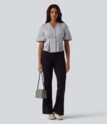  V Neck Puff Half Sleeve Stripe Casual Blouse