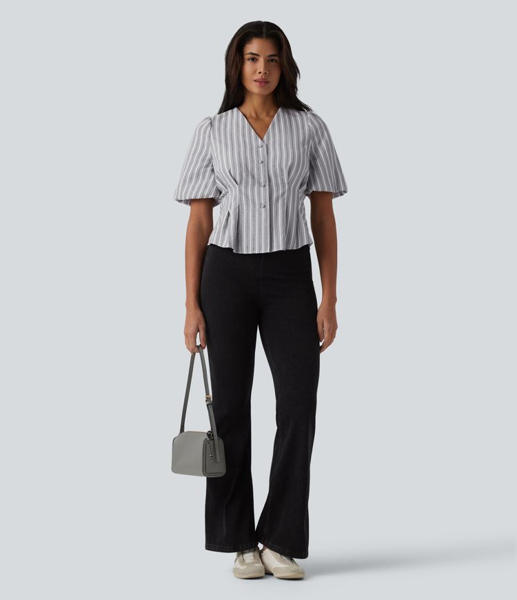  V Neck Puff Half Sleeve Stripe Casual Blouse