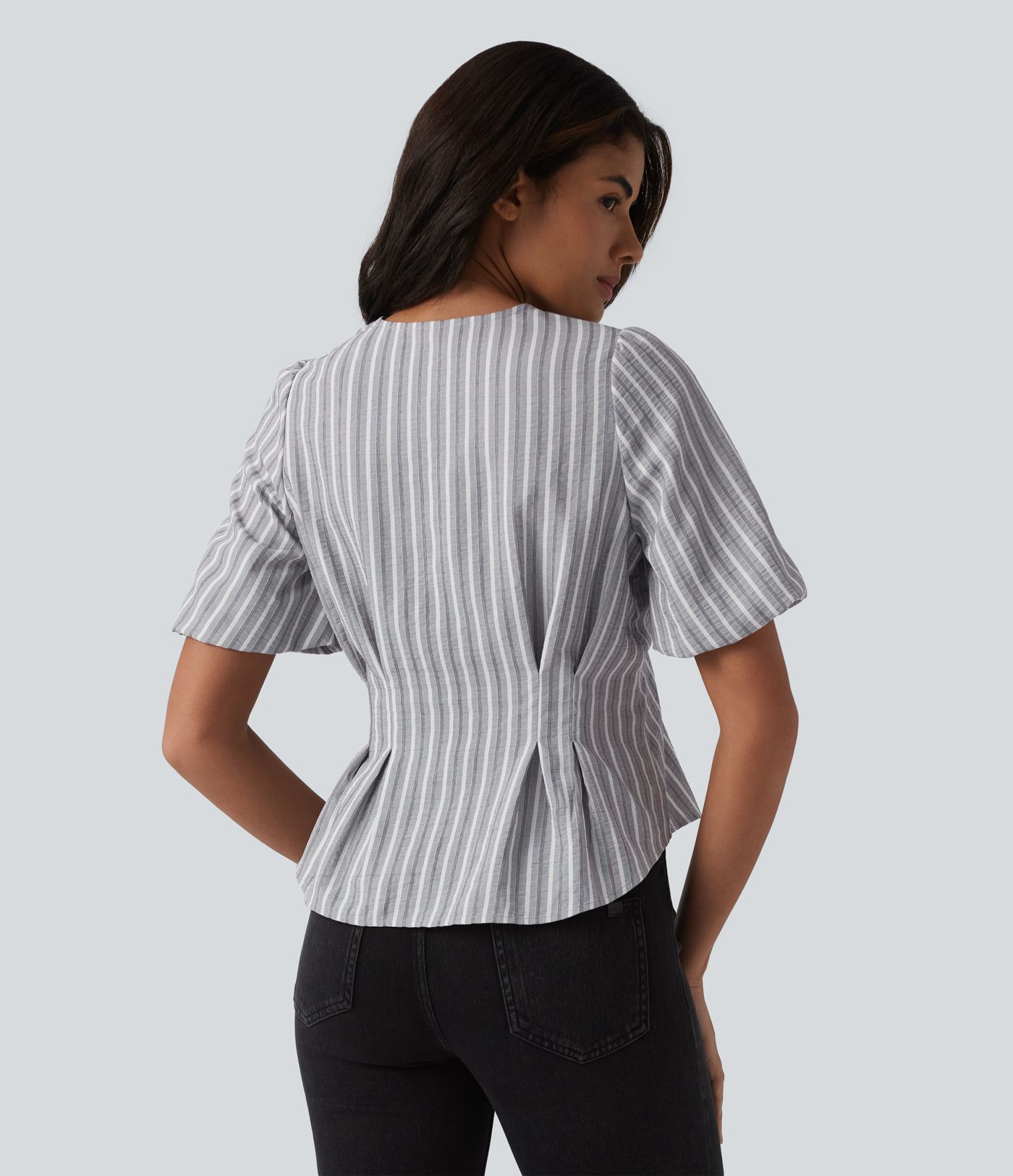  V Neck Puff Half Sleeve Stripe Casual Blouse