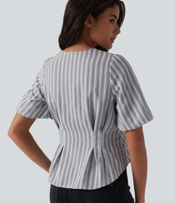  V Neck Puff Half Sleeve Stripe Casual Blouse