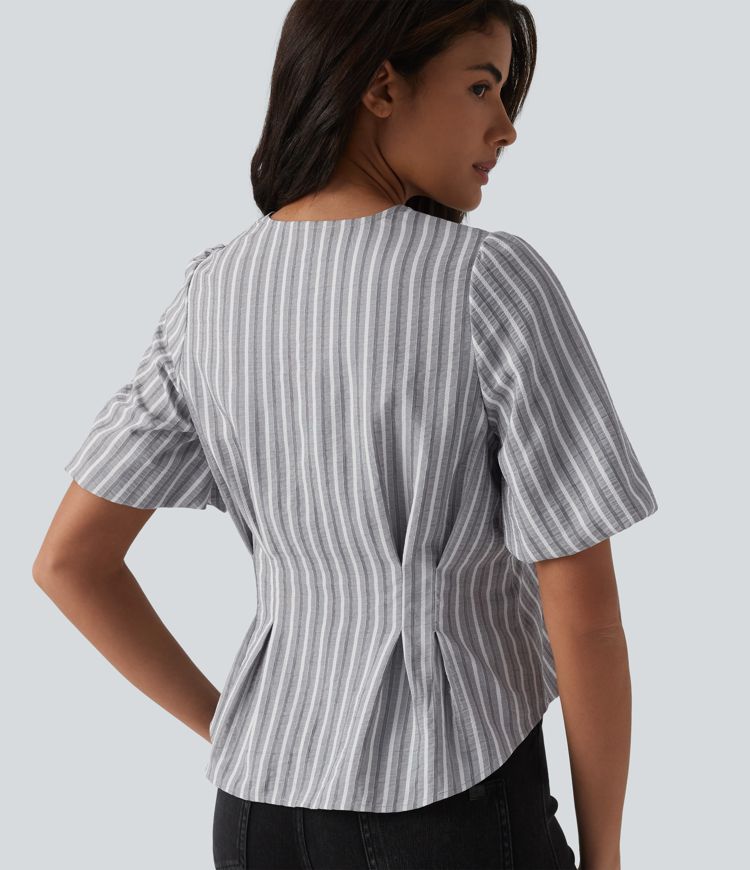  V Neck Puff Half Sleeve Stripe Casual Blouse