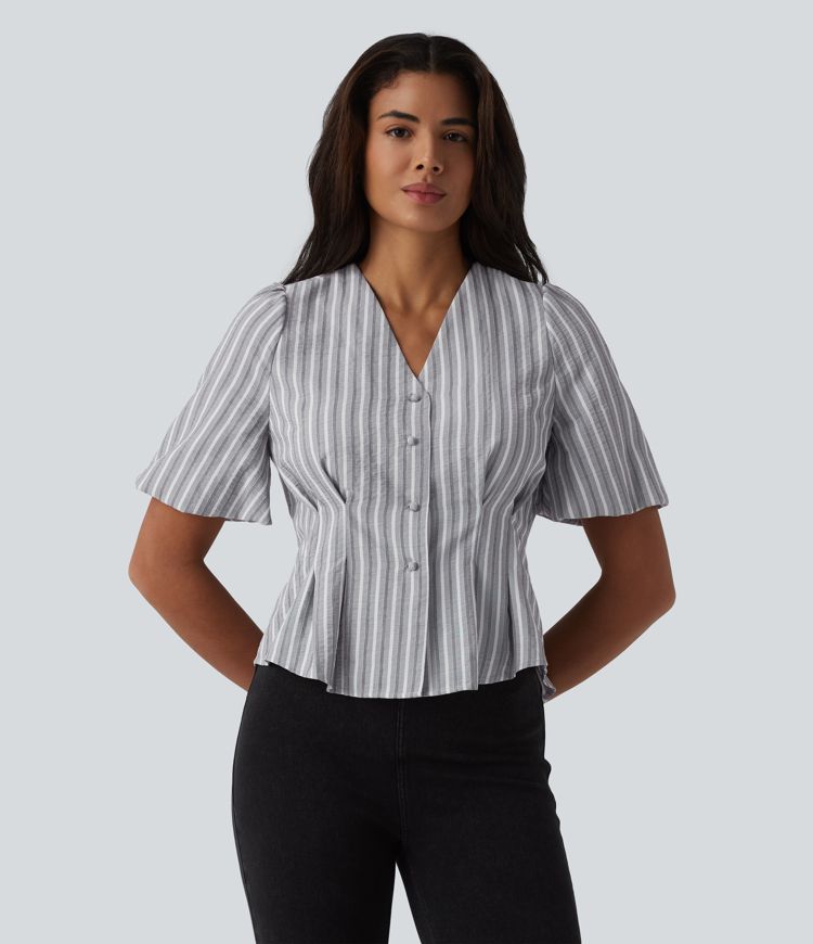  V Neck Puff Half Sleeve Stripe Casual Blouse