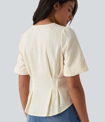 Blusa casual de rayas con escote en V y mangas abullonadas de media longitud