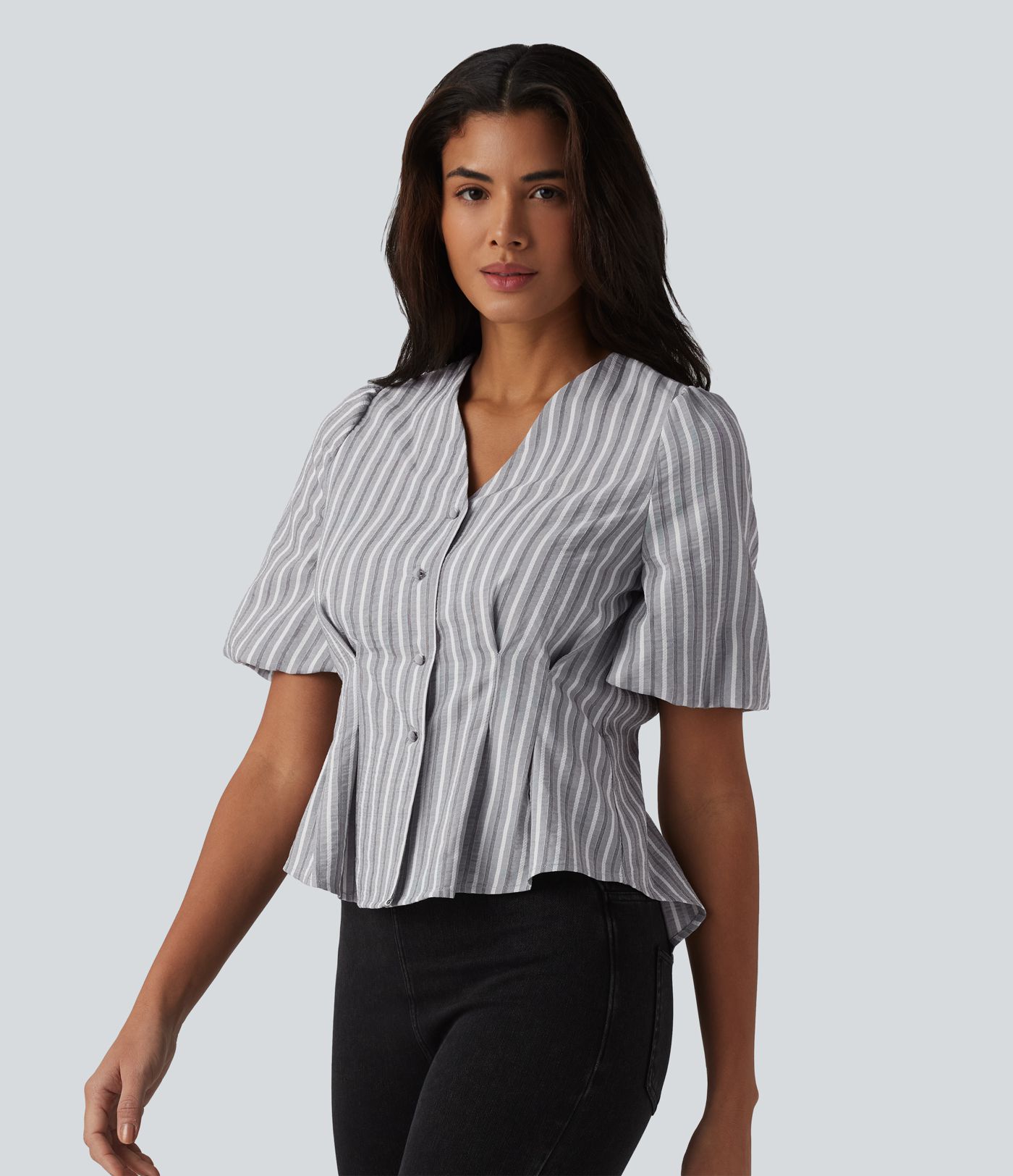  V Neck Puff Half Sleeve Stripe Casual Blouse