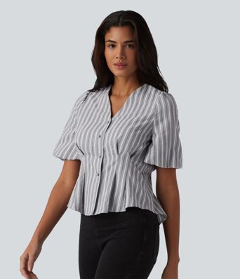  V Neck Puff Half Sleeve Stripe Casual Blouse
