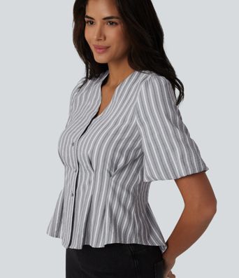  V Neck Puff Half Sleeve Stripe Casual Blouse