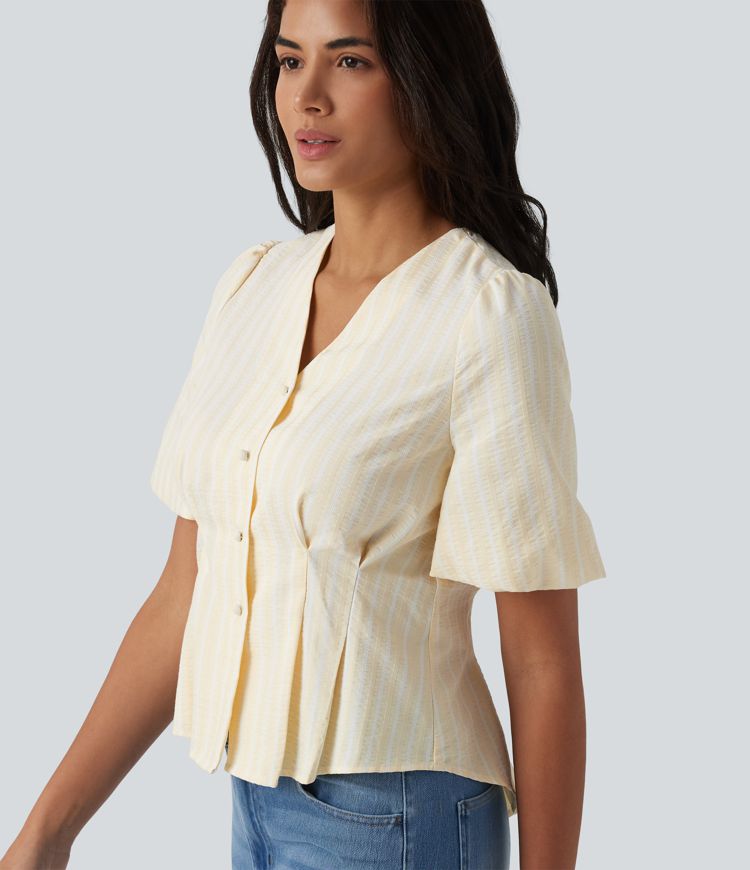 Blusa casual de rayas con escote en V y mangas abullonadas de media longitud