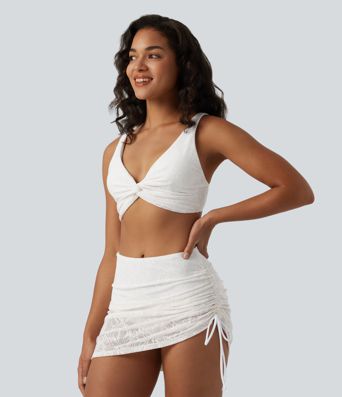 Deep V-neck Twisted Adjustable Straps Tummy Control Drawstring 2-in-1 Lace Overlay Bikini Set Deep V-neck Twisted Adjustable Straps Tummy Control Drawstring 2-in-1 Lace Overlay Bikini Set