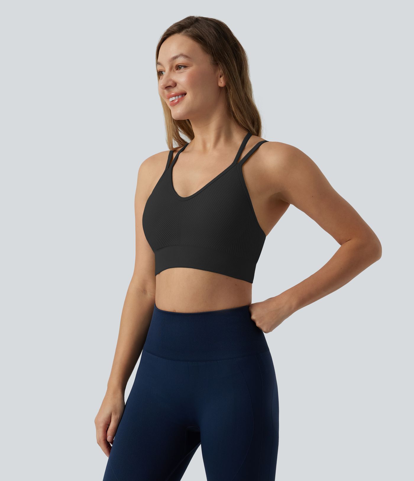 OneForm Seamless Flow Low Support V Neck Crisscross Backless Built-in Bra Cropped Yoga Sports Bra