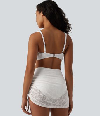 Bikini 2-en-1 col V profond ventre plat avec détail torsadé, bretelles réglables, cordon de serrage et superposition en dentelle