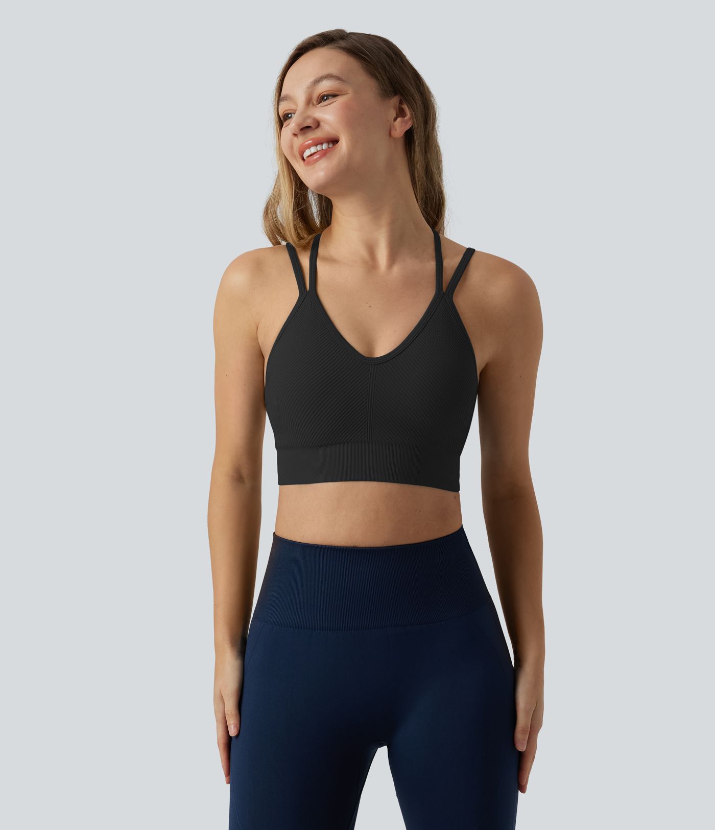 OneForm Seamless Flow Low Support V Neck Crisscross Backless Built-in Bra Cropped Yoga Sports Bra
