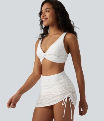 Bikini 2-en-1 col V profond ventre plat avec détail torsadé, bretelles réglables, cordon de serrage et superposition en dentelle