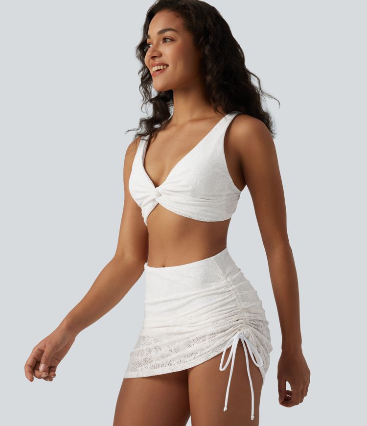 Bikini 2-en-1 col V profond ventre plat avec détail torsadé, bretelles réglables, cordon de serrage et superposition en dentelle