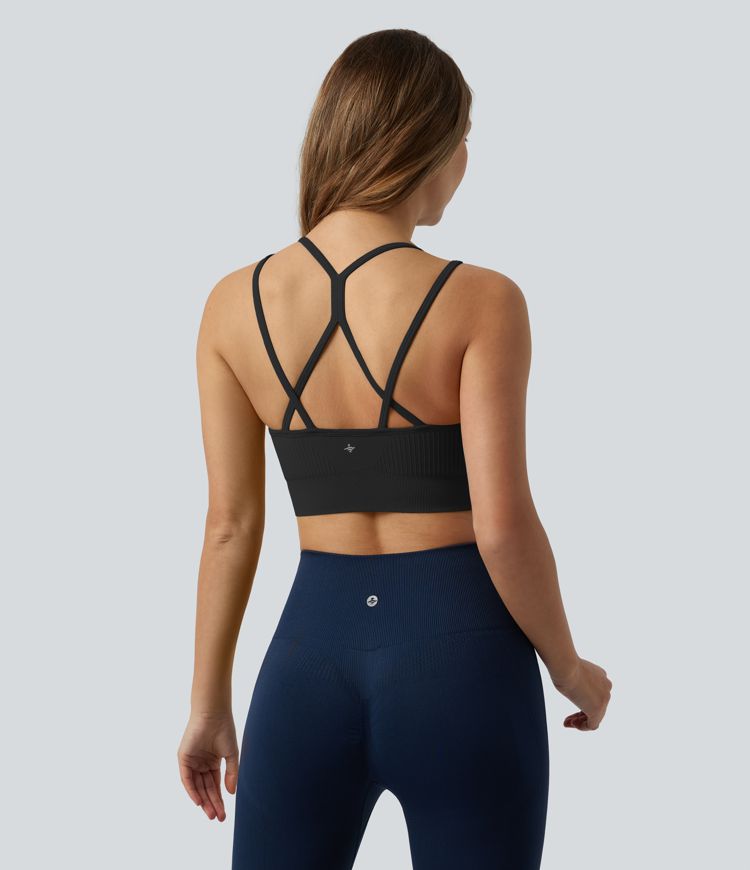 OneForm Seamless Flow Low Support V Neck Crisscross Backless Built-in Bra Cropped Yoga Sports Bra