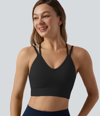 OneForm Seamless Flow Low Support V Neck Crisscross Backless Built-in Bra Cropped Yoga Sports Bra