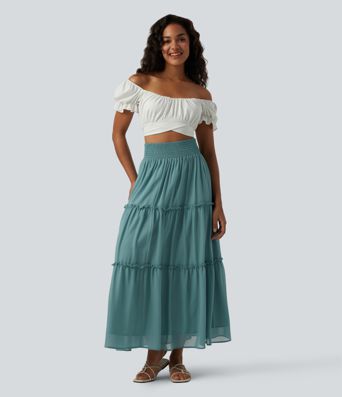 High Waisted Shirred RuffleTrim Flowy Midi Casual Tiered Skirt
