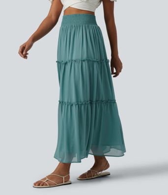 High Waisted Shirred RuffleTrim Flowy Midi Casual Tiered Skirt
