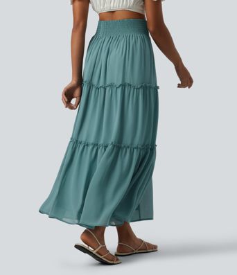 High Waisted Shirred RuffleTrim Flowy Midi Casual Tiered Skirt