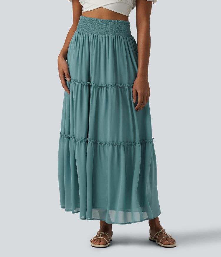 High Waisted Shirred RuffleTrim Flowy Midi Casual Tiered Skirt