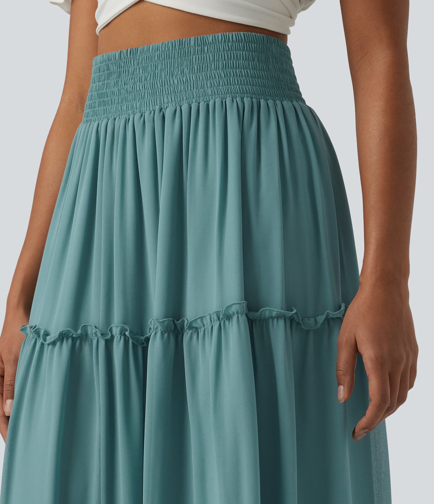 High Waisted Shirred RuffleTrim Flowy Midi Casual Tiered Skirt